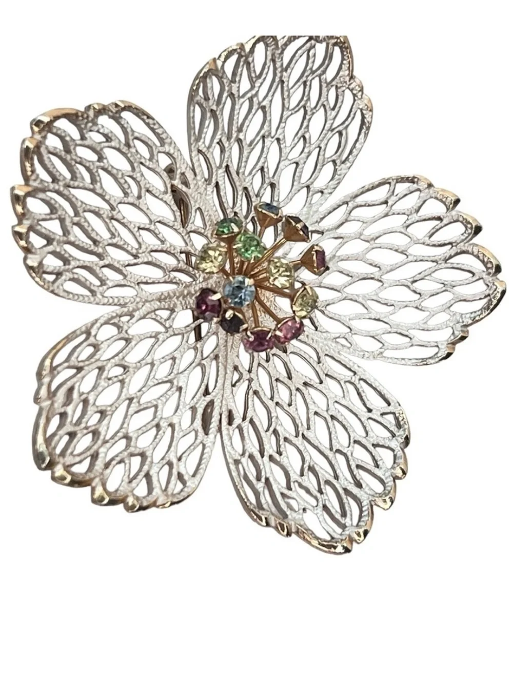 Vintage Large Flower Brooch Silver Gold Colored Stones Retro Maximalist